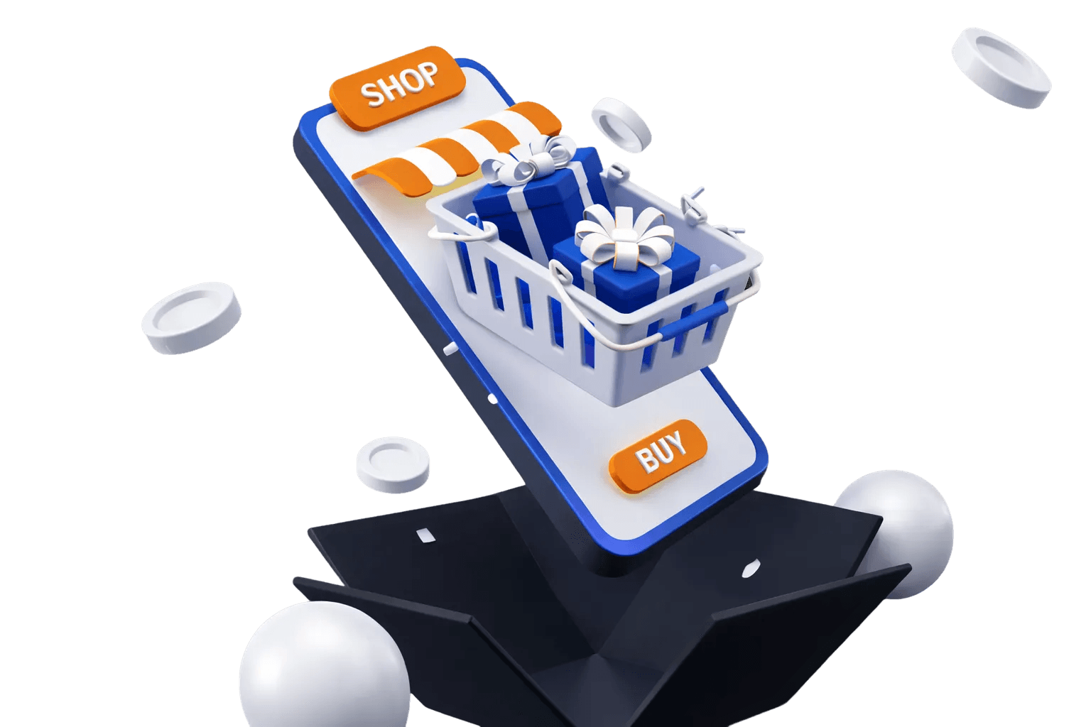 Phone with shopping cart and gift boxes